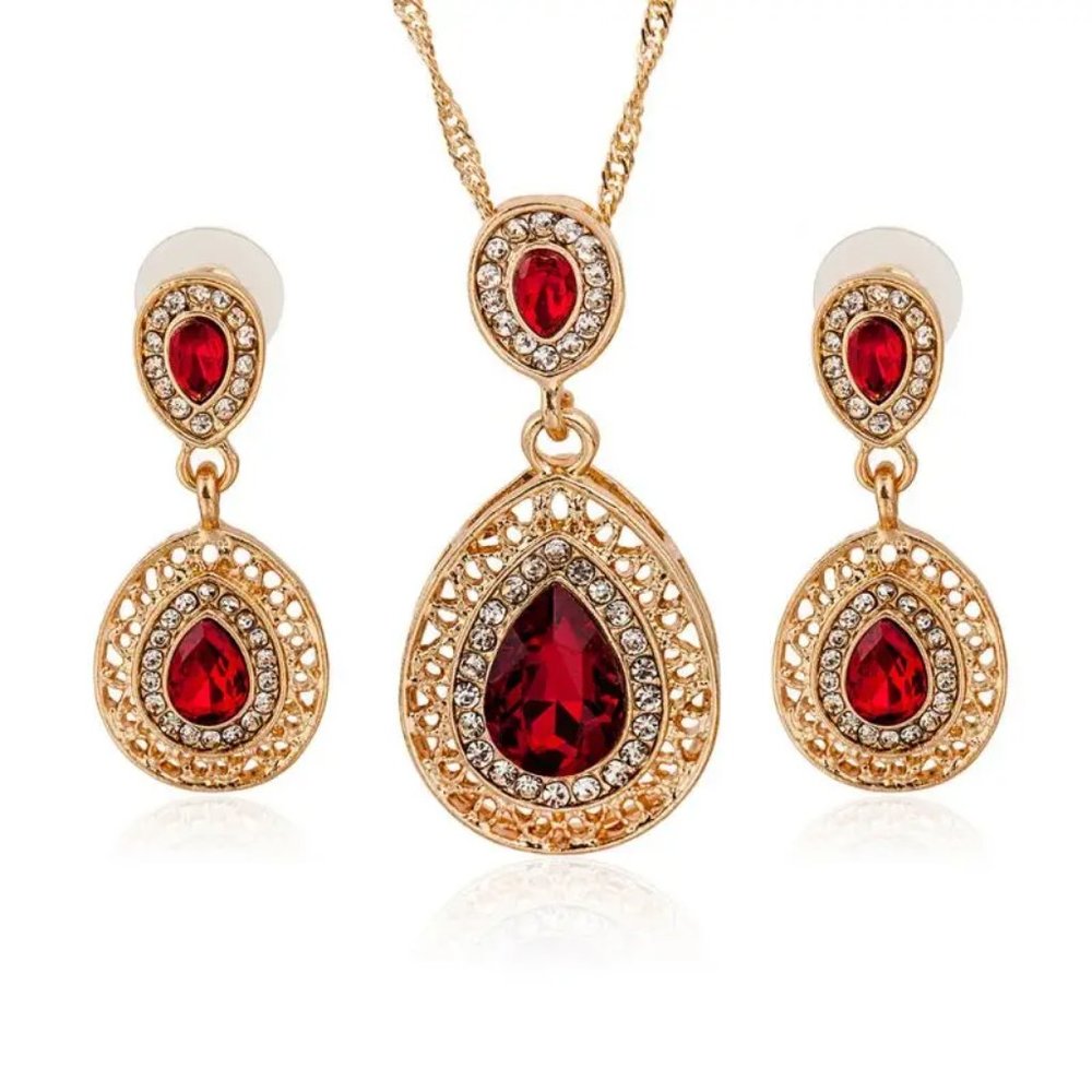 Red Vintage Water Drop Pendant Necklace and Dangle Earrings Jewelry Set